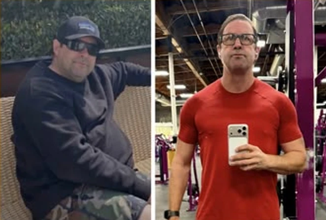 Side-by-side before and after photos of a Super Fit Human coaching client, journey 01