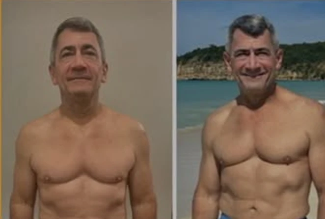 Side-by-side before and after photos of a Super Fit Human coaching client, journey 02