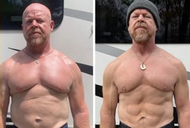 Side-by-side before and after photos of a Super Fit Human coaching client, journey 04