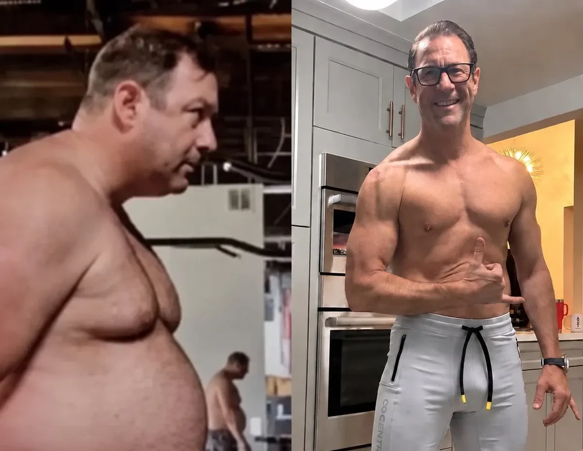 Side-by-side before and after photos: a heavy man training shirtless on the left, and the same man lean and smiling in his kitchen on the right